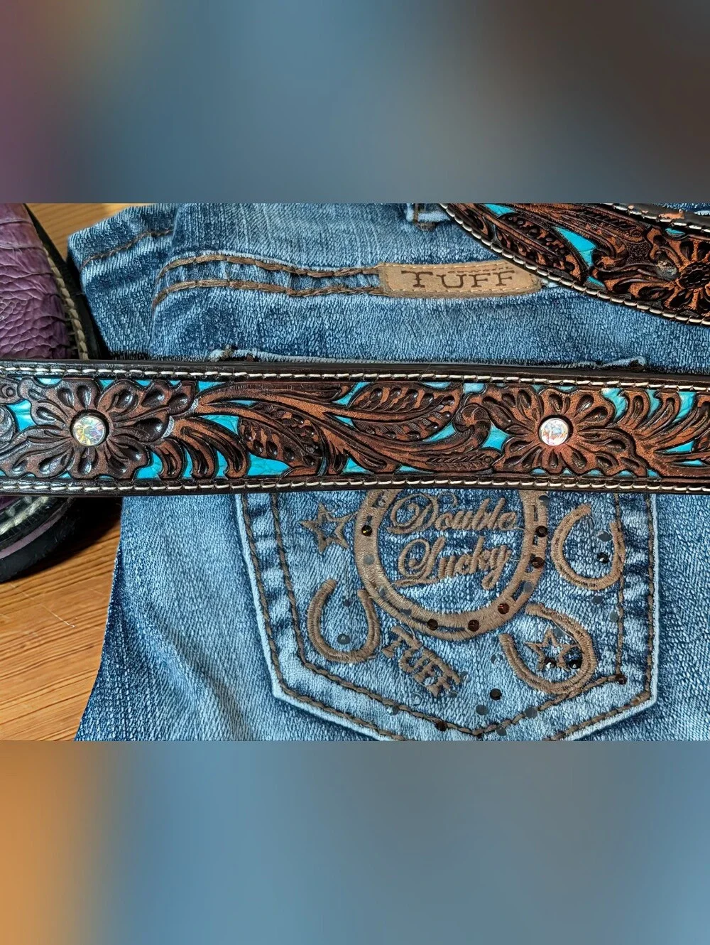 Ariat Jocelyn Genuine Tooled Brown and Turquoise Leather Belt With Bling Buckle